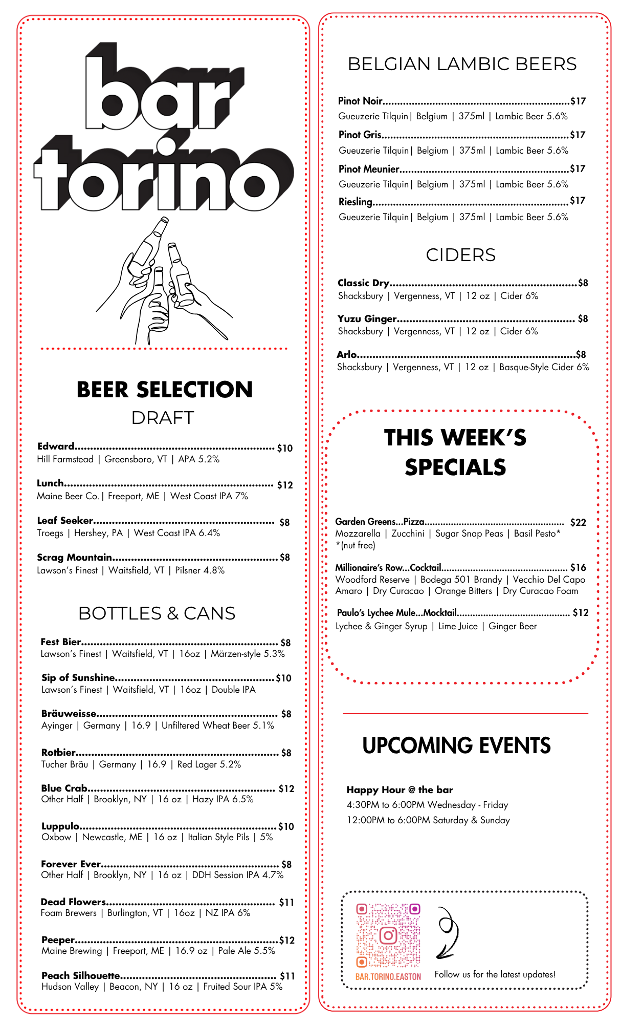 Bar Torino beers and weekly specials menu