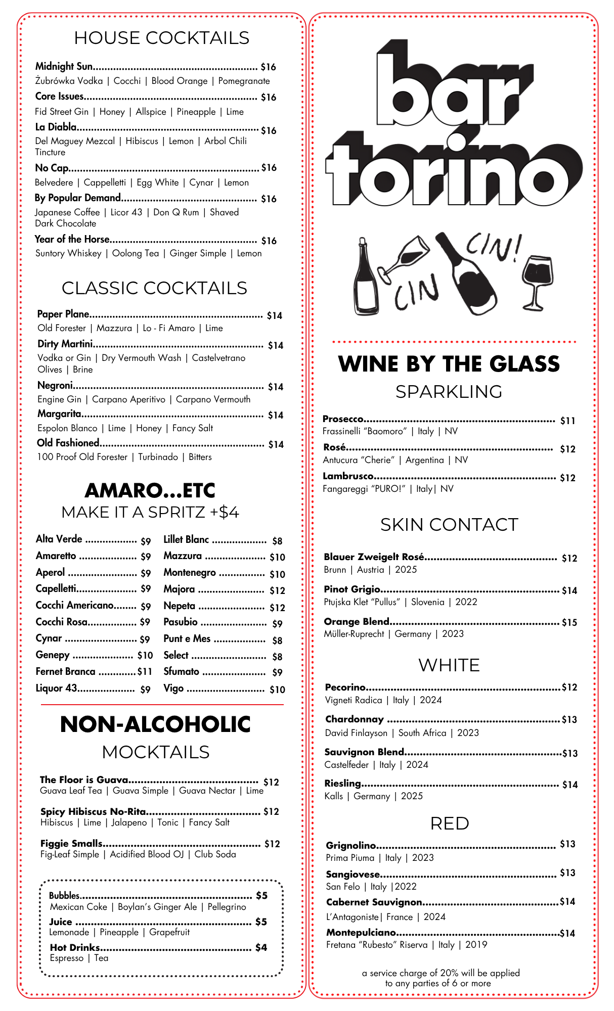 Bar Torino cocktails and wine by the glass menu