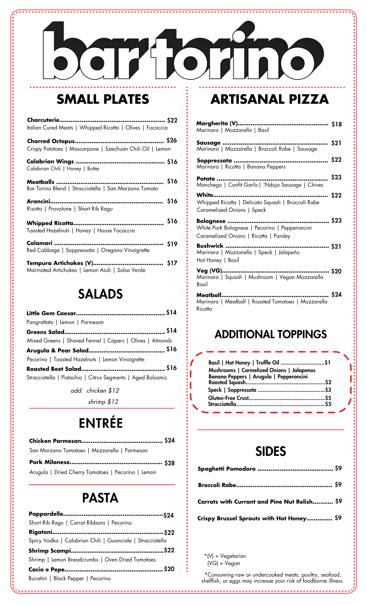Bar Torino main food menu